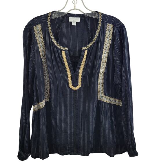 J Jill Black Blouse Trim in Gold Lace  V Neck Size PM 121123-0560 - Picture 4 of 7